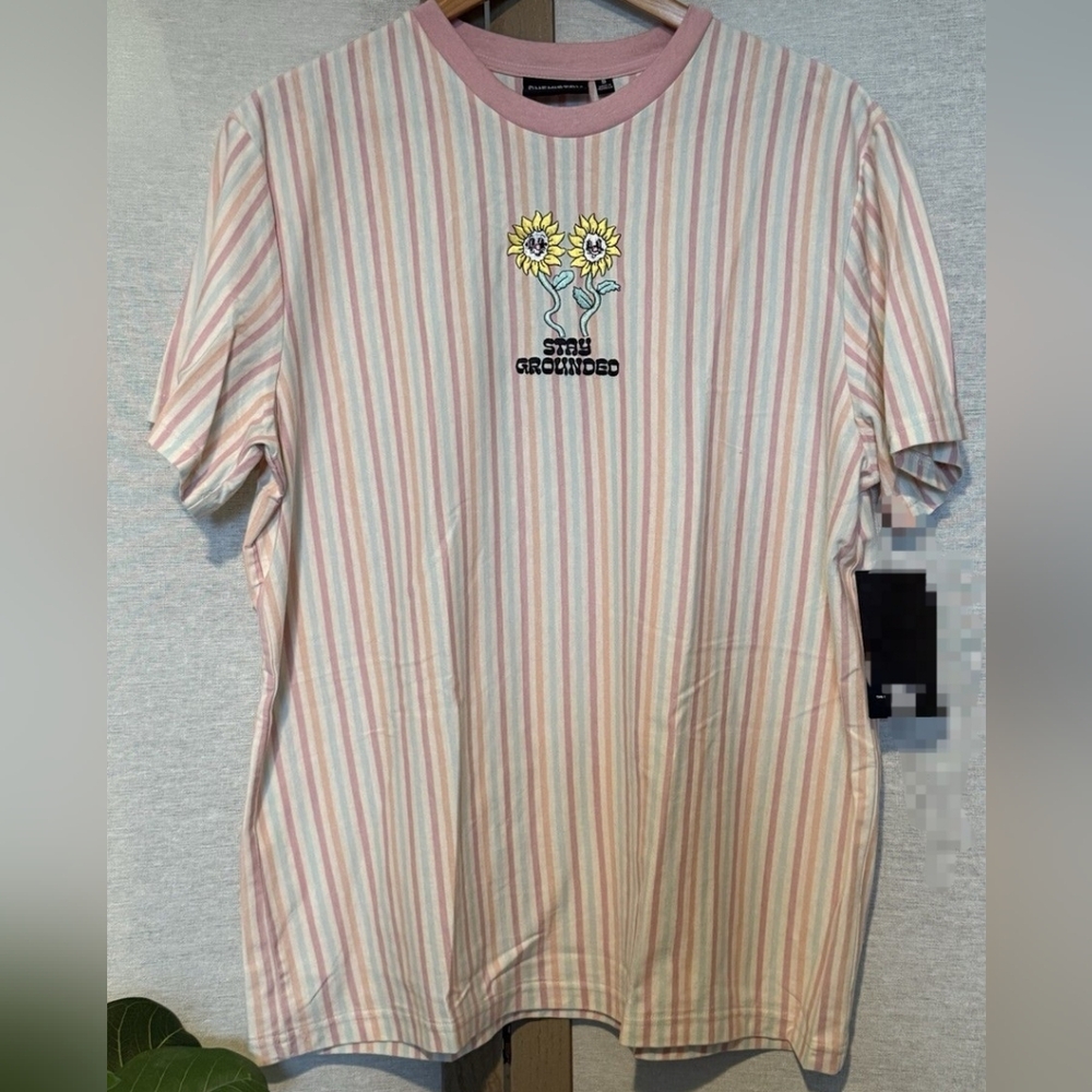 Chemistry Pastel Striped Short Sleeve Tee with Floral Embroidered Patch